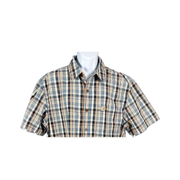 Carhartt Shirt Size XL Gray Blue Short Sleeve Relaxed Fit Button Down Plaid Work - Picture 3 of 8